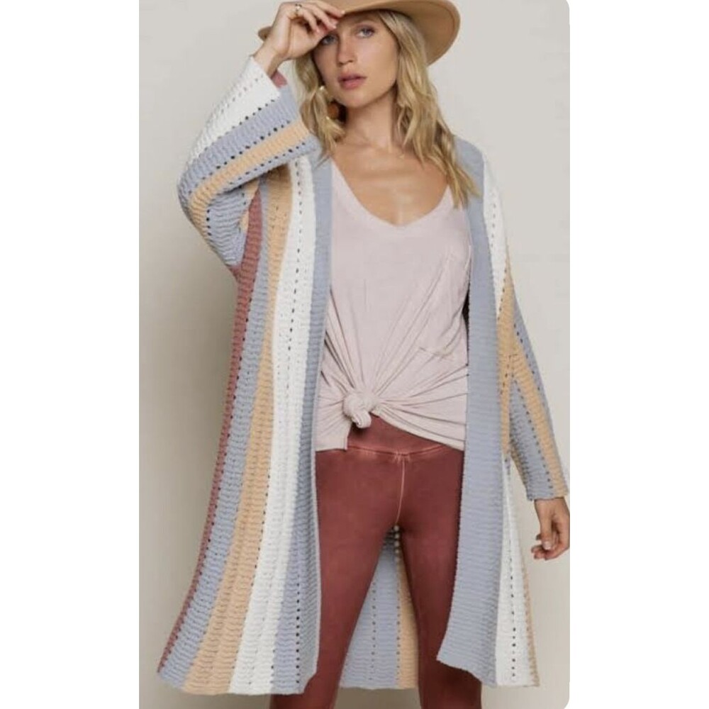POL Sweater Womens Medium Multicolor Striped Open Knit Longline Cardigan